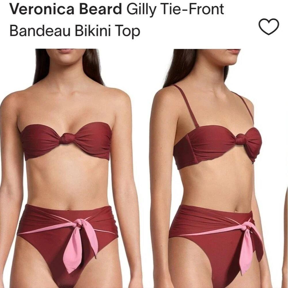 New Veronica Beard Tie-Front Bandeau Bikini Top Maroon Red Euro Summer Boho M - Picture 2 of 7